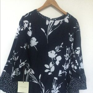 CYNTHIA ROWLEY WOMAN LINEN BLEND OPEN FRONT FLORAL NAVY L/S TUNIC SIZE 2X NWT